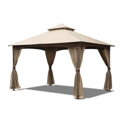 10’X13′ Patio Gazebo – Metal, Net, Waterproof, Stable, Khaki With Net Metal Frame, Double Roof, Resistance, Waterproof Canopy image 0